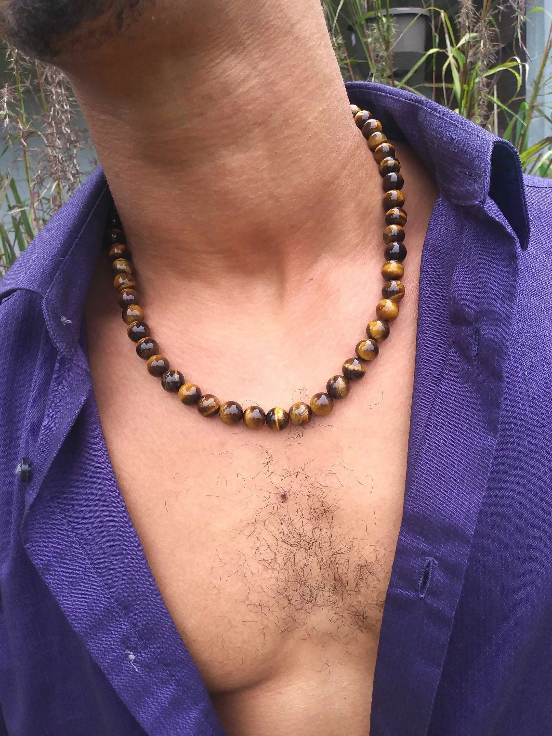 10mmTiger Eye Necklace - Mens Necklace - Beaded Necklace - Tribal Necklace - Good Luck - Confidence Gemstone Jewelry for Men/Women