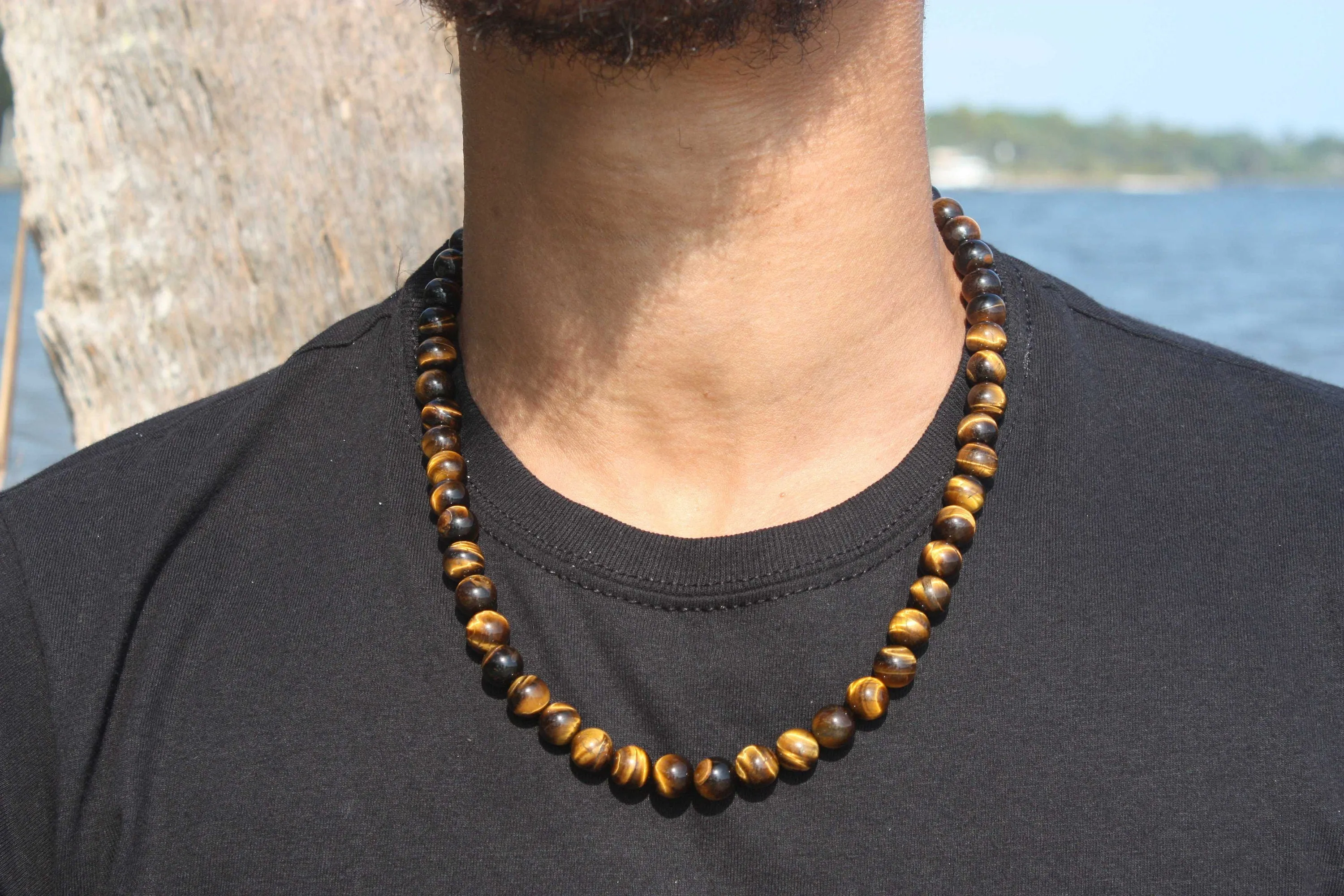 10mmTiger Eye Necklace - Mens Necklace - Beaded Necklace - Tribal Necklace - Good Luck - Confidence Gemstone Jewelry for Men/Women