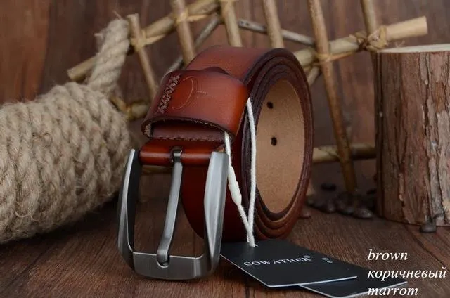 130cm Vintage Style Pin Buckle Cow Genuine Leather Belts for Men