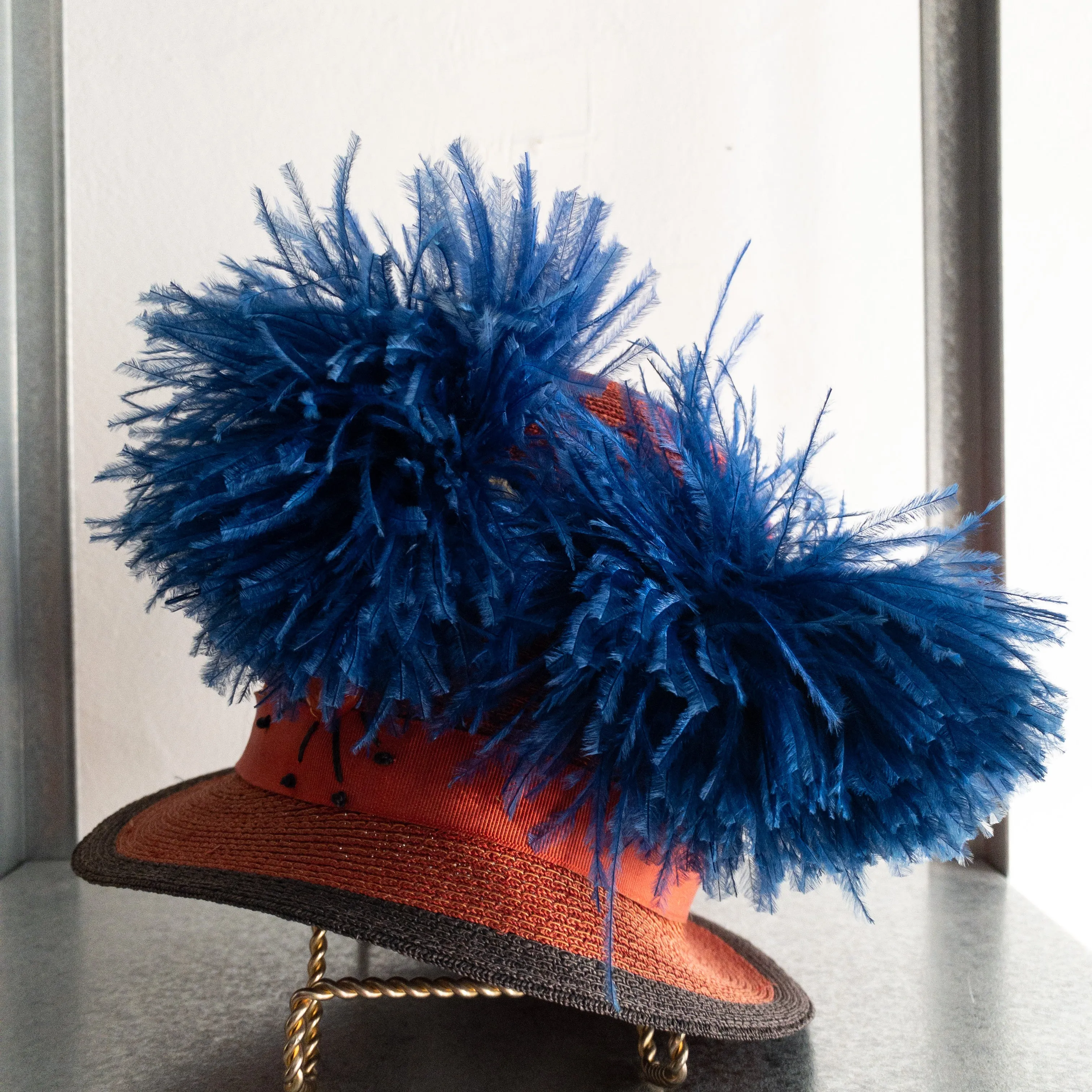 1920s Cinderella Hats New York Red Cloche Blue Feather Pom Poms