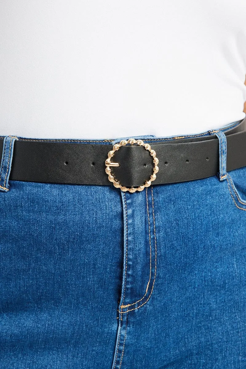 Black Circle Buckle Belts with Shell Detail