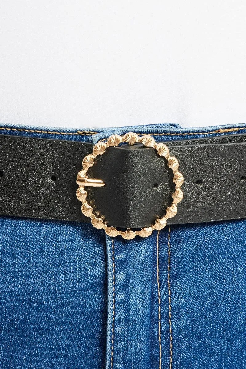 Black Circle Buckle Belts with Shell Detail