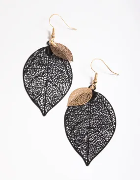 Black Double Leaf Drop Earrings