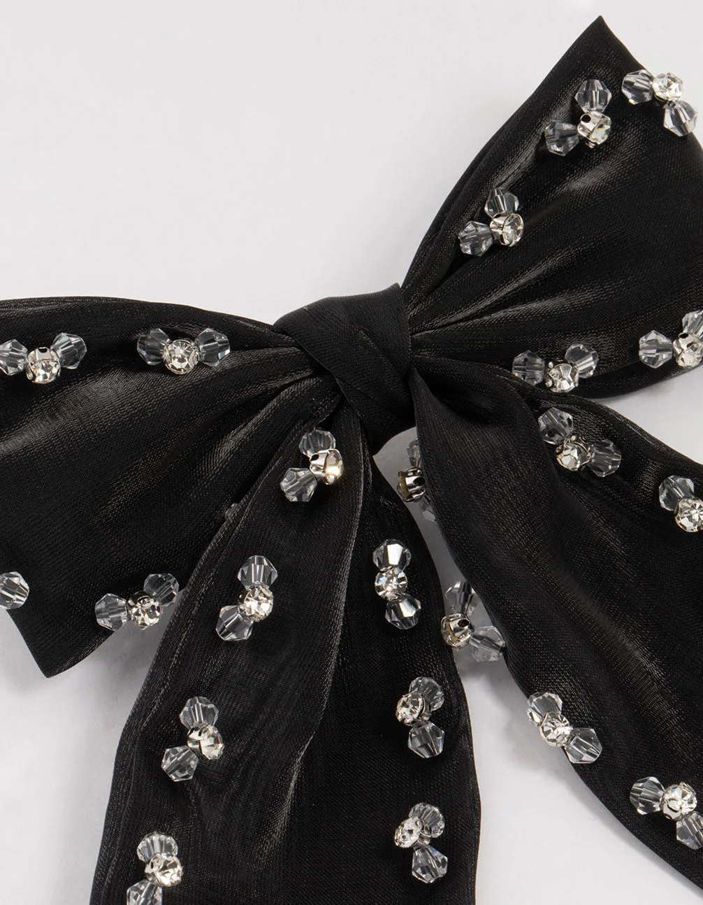 Black Fabric Beaded Deatiling Bow Clip