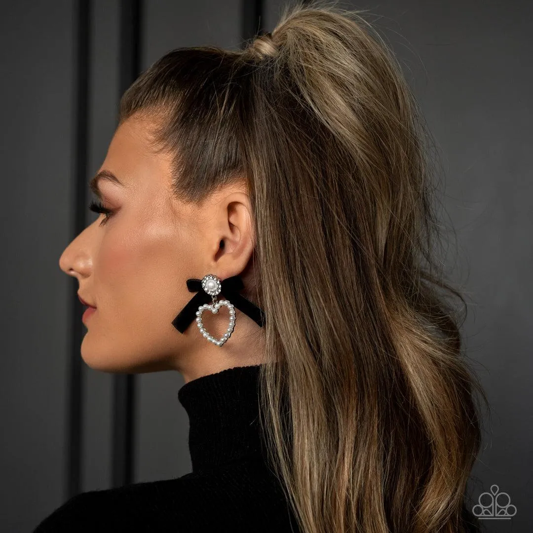 BOW and Then Black Velvet & White Pearl Bow Earrings - Paparazzi Accessories