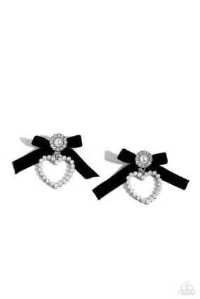 BOW and Then Black Velvet & White Pearl Bow Earrings - Paparazzi Accessories