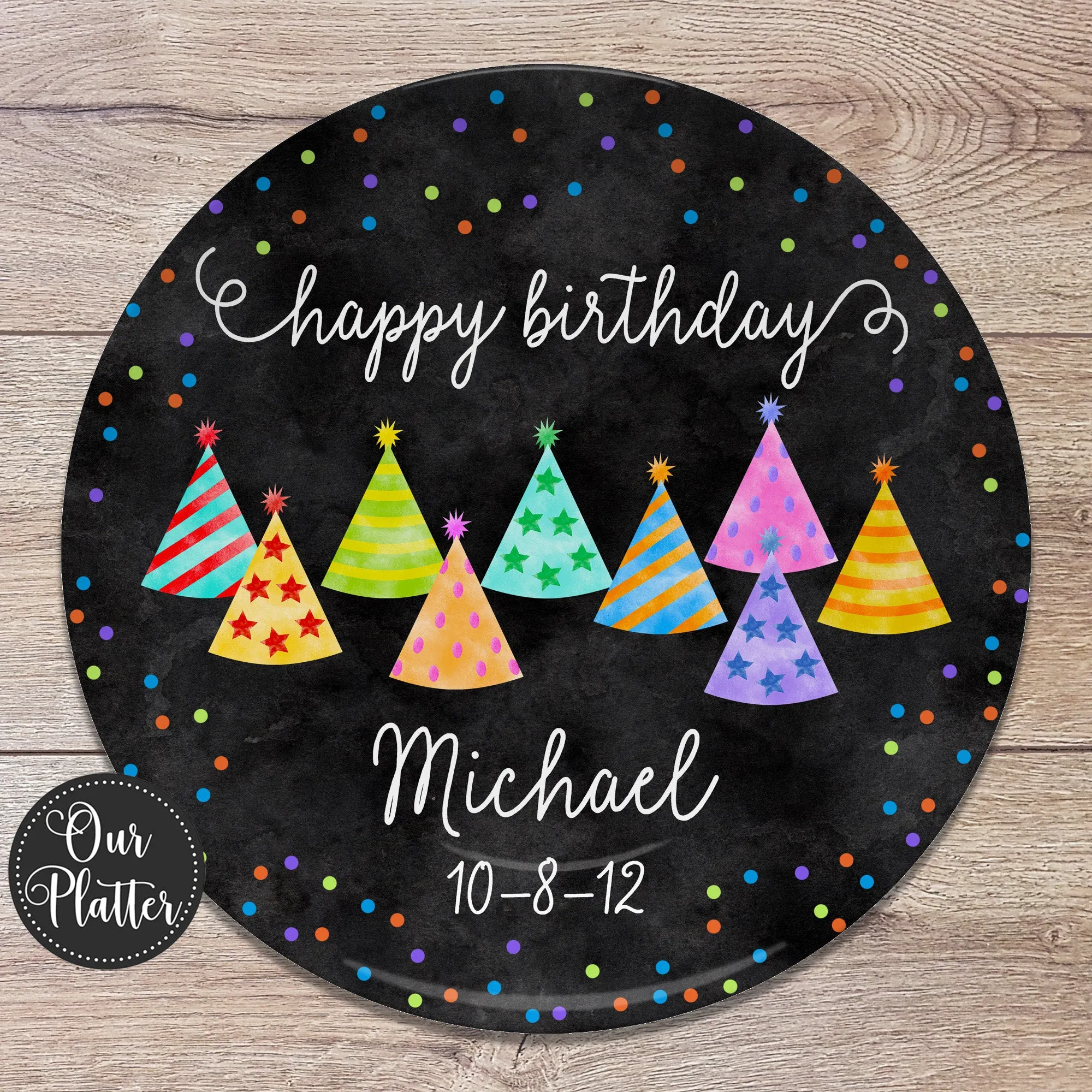 Happy Birthday Party Hats Dots Personalized Plate