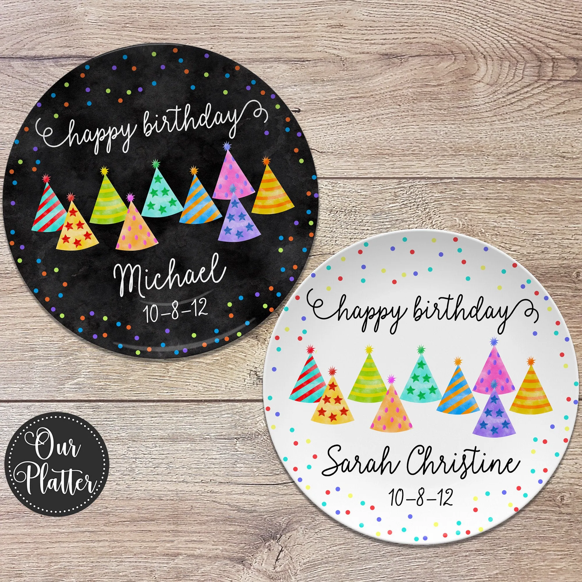 Happy Birthday Party Hats Dots Personalized Plate