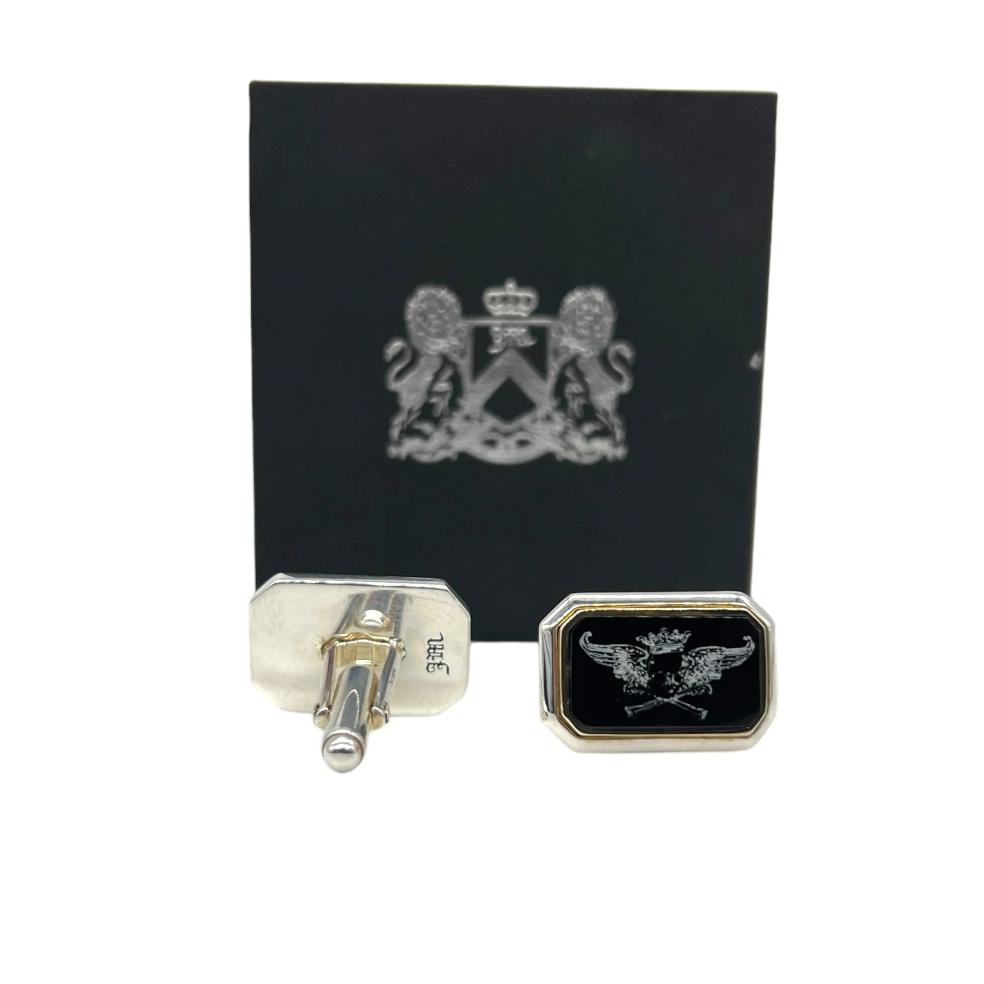 JM Cufflinks Rectangular Skull Design - Black & Silver