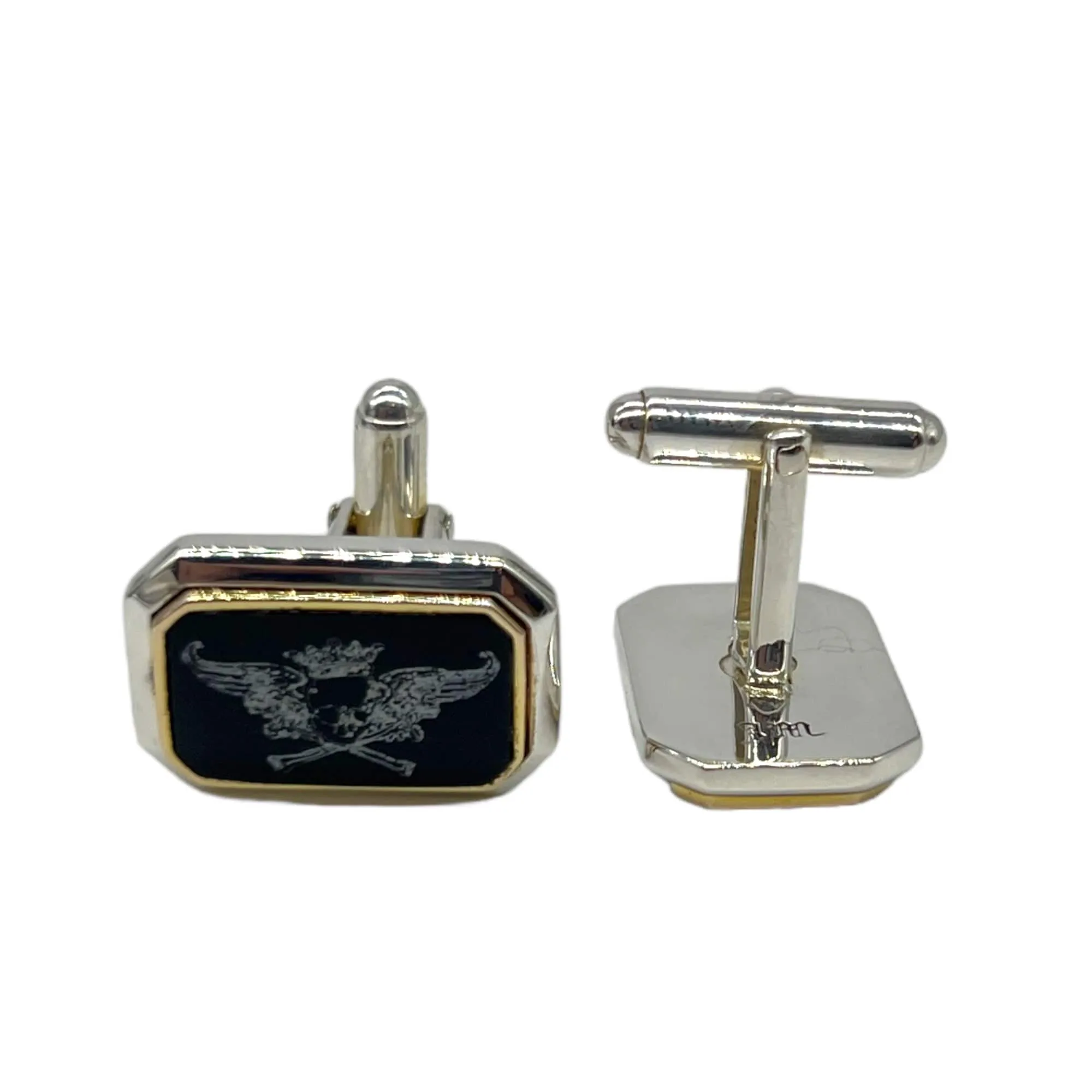 JM Cufflinks Rectangular Skull Design - Black & Silver