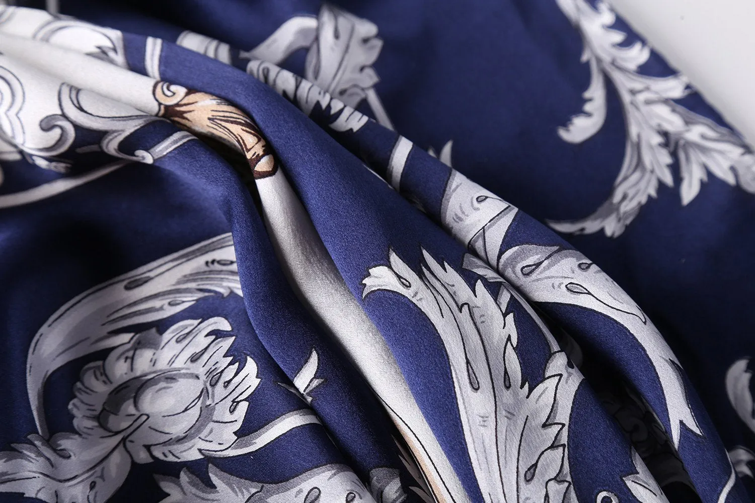 Long Charmeuse Satin Silk Scarf Navy Blue Links and Belts Print LZD025