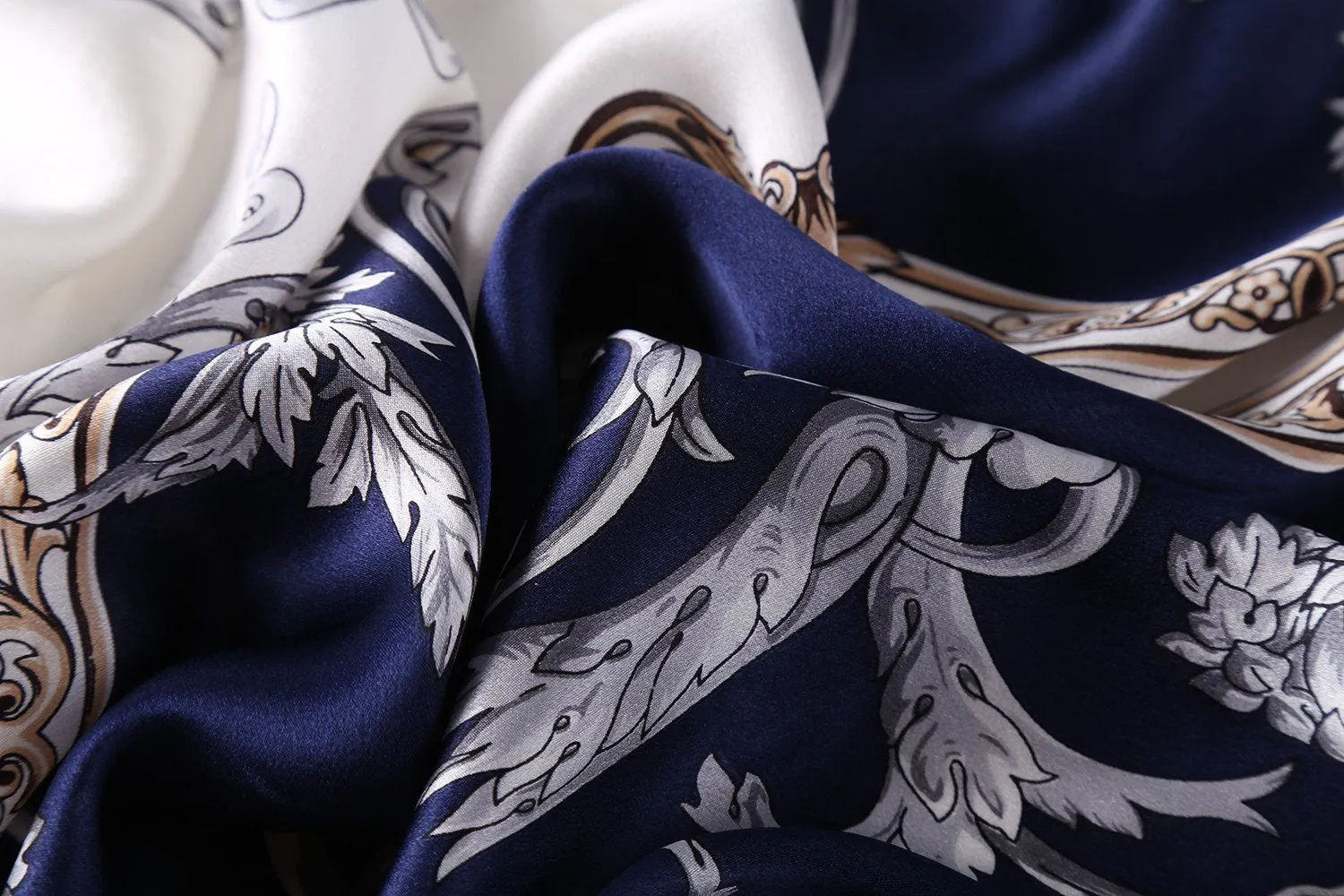 Long Charmeuse Satin Silk Scarf Navy Blue Links and Belts Print LZD025