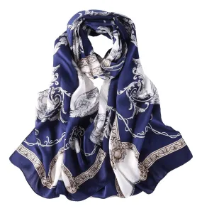 Long Charmeuse Satin Silk Scarf Navy Blue Links and Belts Print LZD025