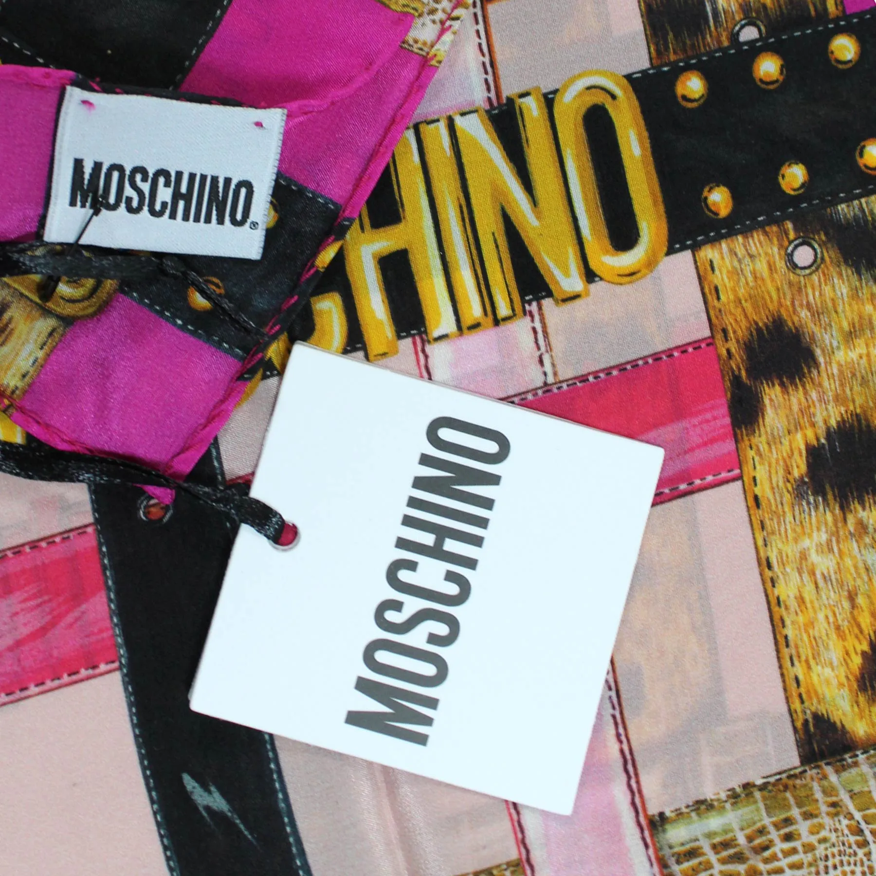 Moschino Small Scarf Pink Belts With Gold MOSCHINO Design Crepe Silk FINAL SALE