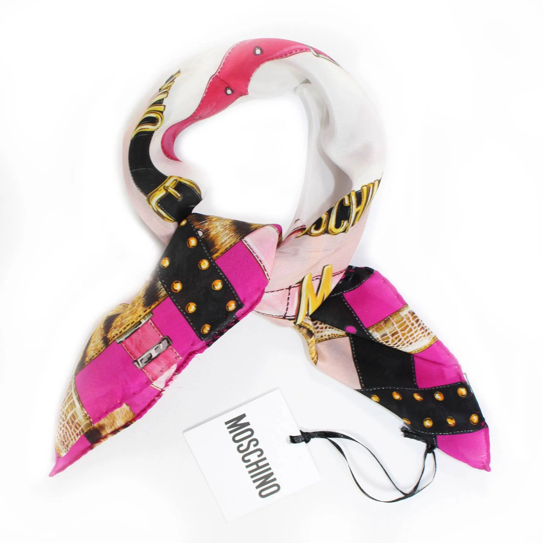 Moschino Small Scarf Pink Belts With Gold MOSCHINO Design Crepe Silk FINAL SALE