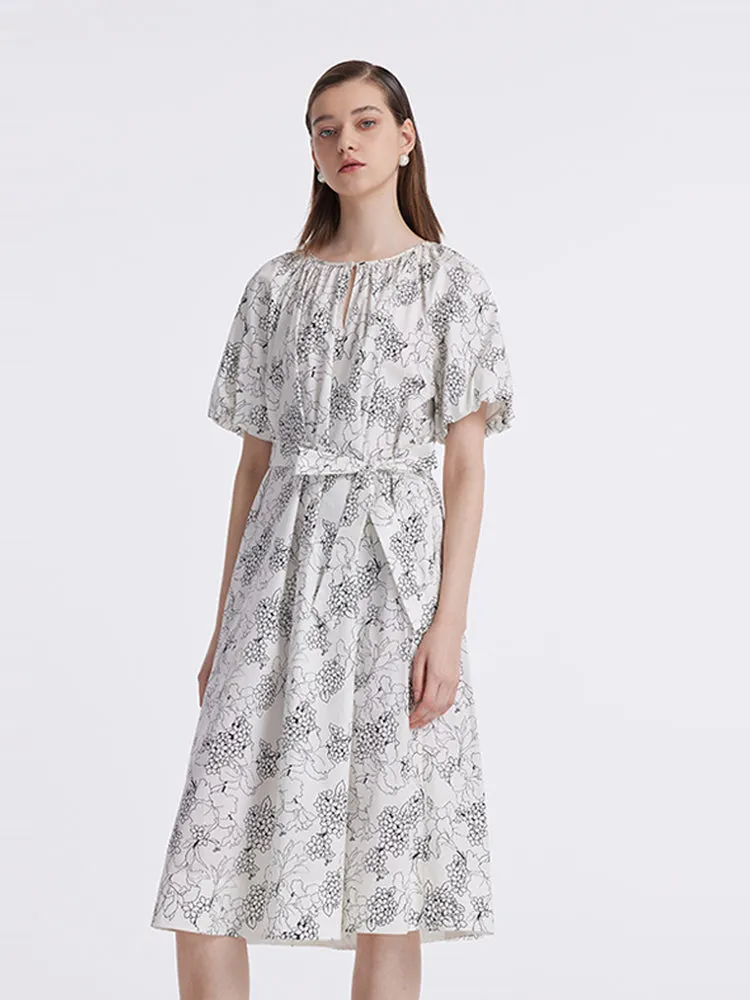 Puff Sleeves Iris Printed Women Midi Dress With Belts