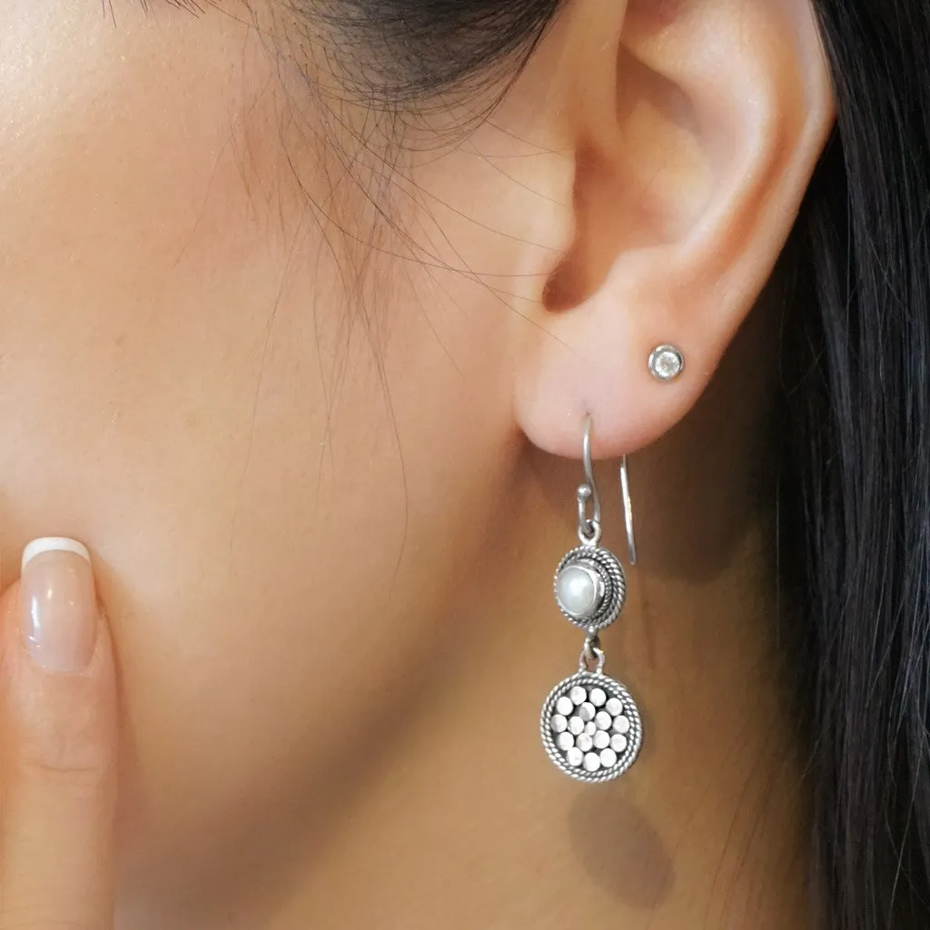 Silver Disc & Pearl Drop Earrings