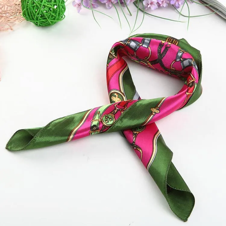 Small Square Satin Scarf Green and Pink Theme Belts Print XAT005