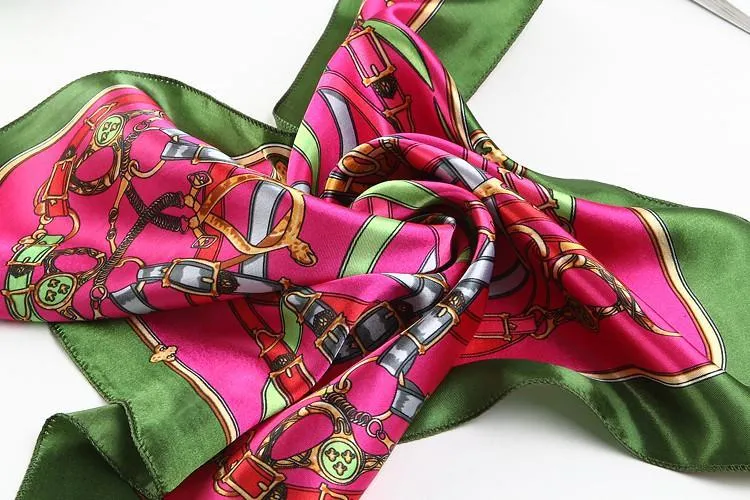 Small Square Satin Scarf Green and Pink Theme Belts Print XAT005