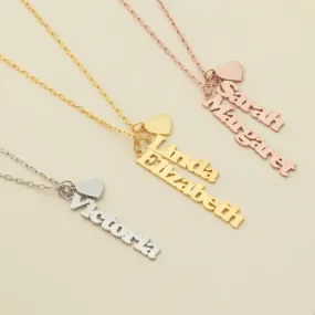 Vertical Name Necklace Custom Dangle Name Necklace  Gift For Her Heart Charm Necklace